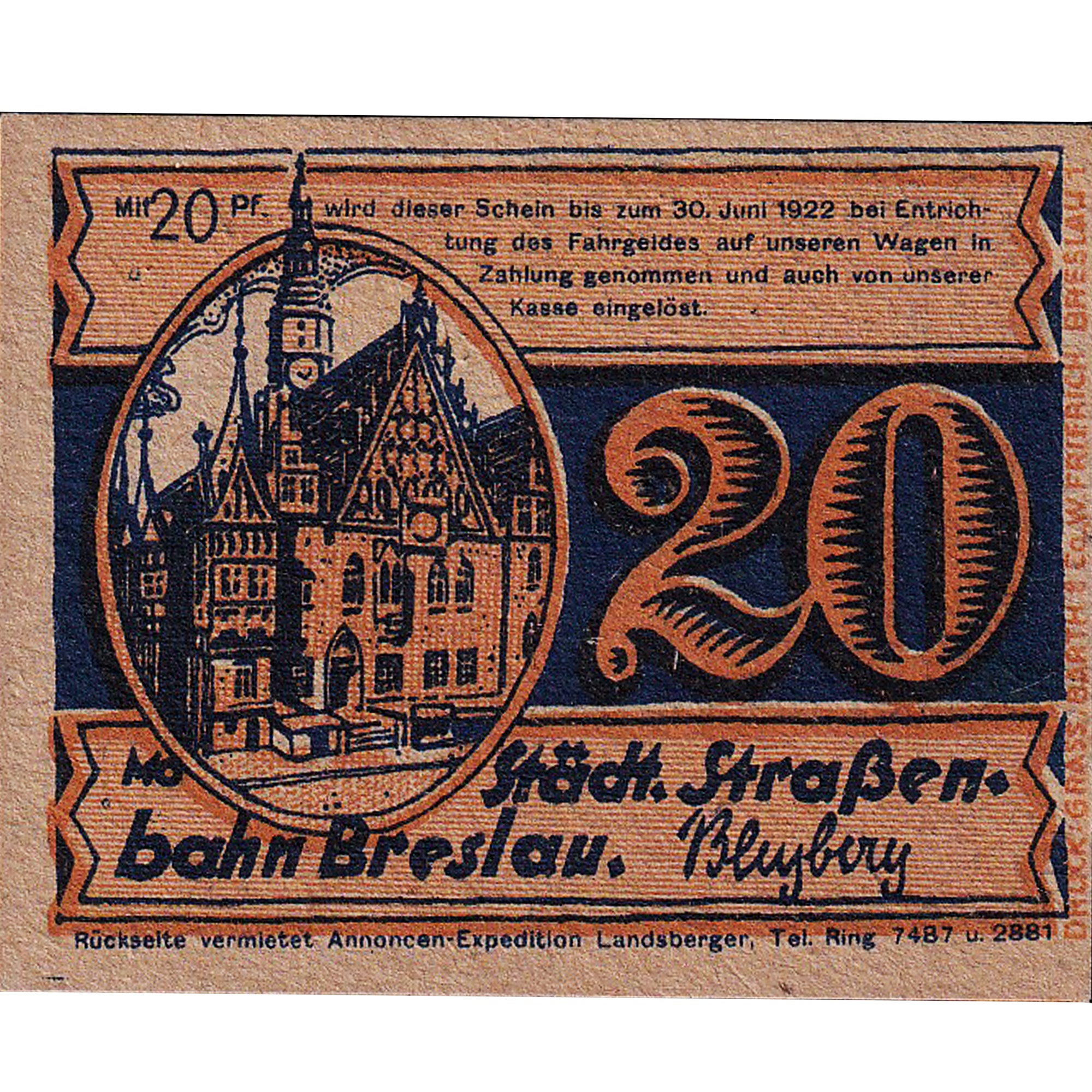 Banconote, Germania, Breslau, 20 Pfennig, personnage, 1922, SPL, Mehl:187.1