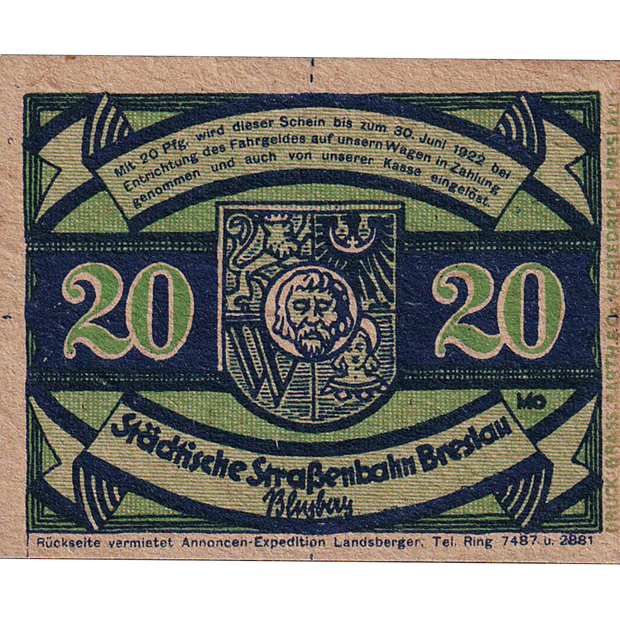 Banknote, Germany, Breslau, 20 Pfennig, Blason, 1922, UNC(63), Mehl:187.1