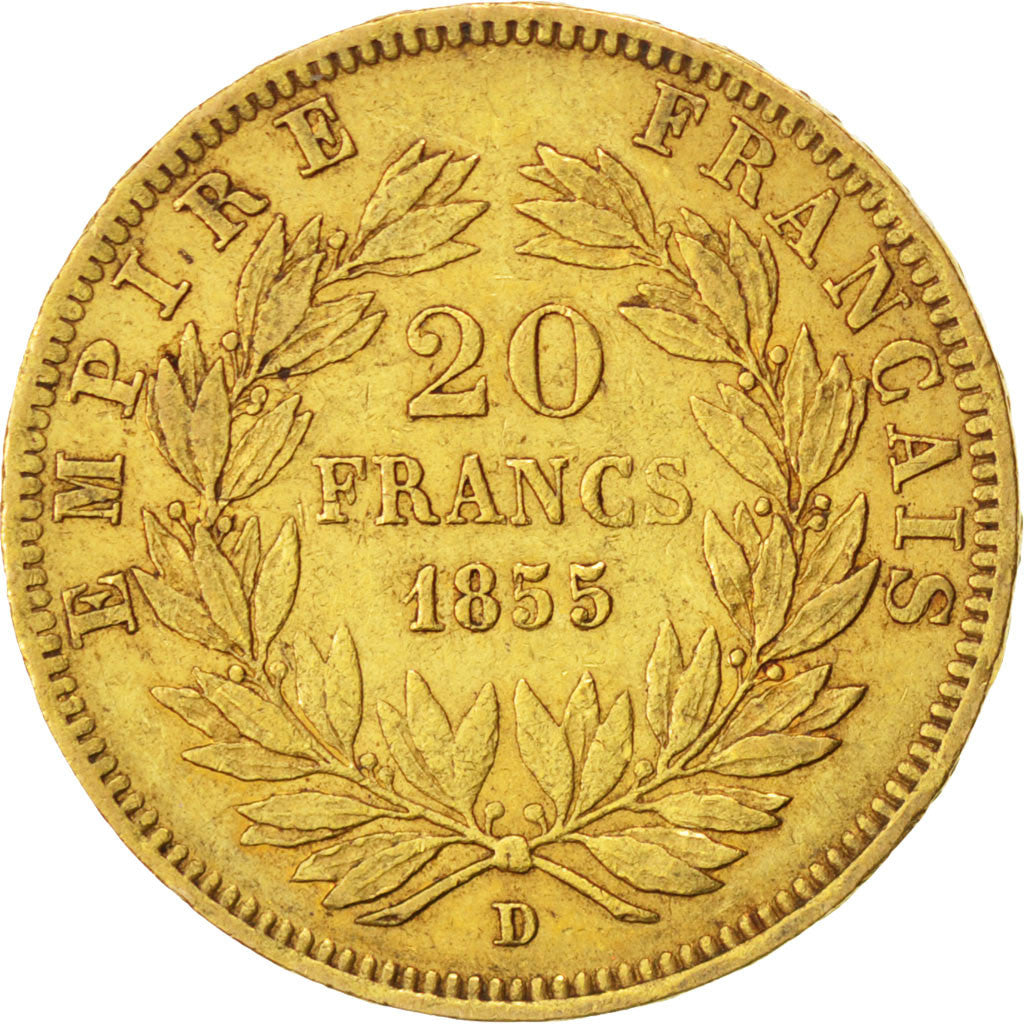 FRANCE, Napoléon III, 20 Francs, 1855, Lyon, KM #781.3, VF(30-35), Gold, Gadoury