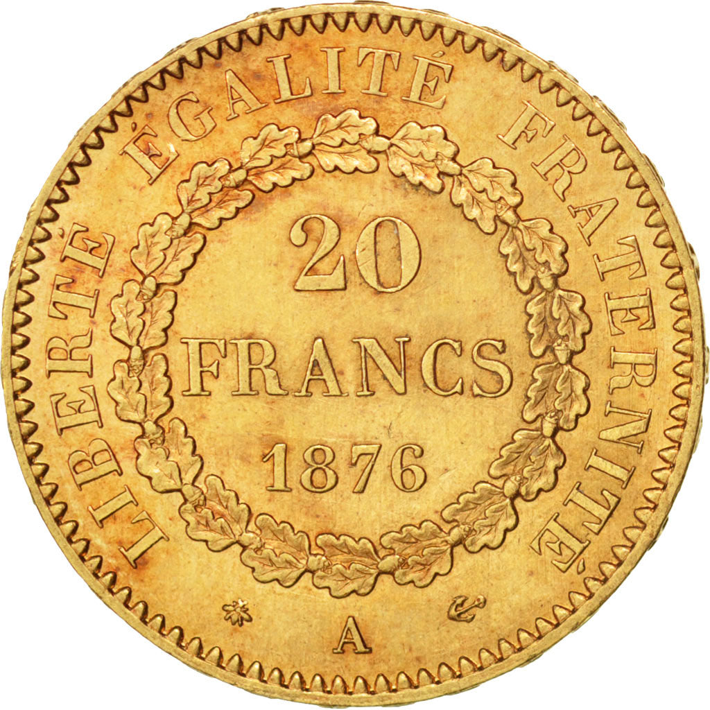 FRANCE, Génie, 20 Francs, 1876, Paris, KM #825, AU(55-58), Gold, Gadoury #1063, 
