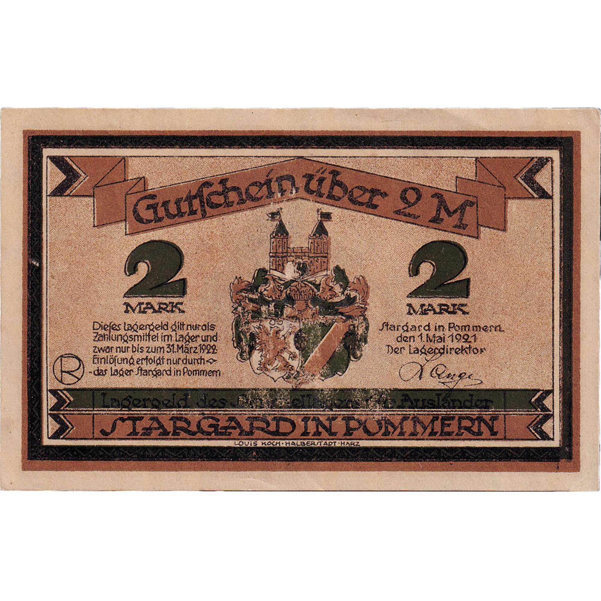 Banknote, Germany, Stargard, 2 Mark, château, 1921 UNC(63) Mehl:1255.1b