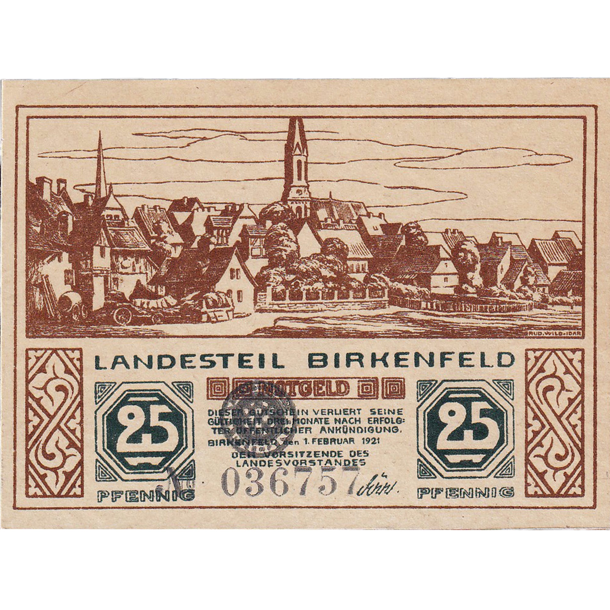 Banknote, Germany, Birkenfeld, 25 Pfennig, village, 1921 UNC(63) Mehl:106.1
