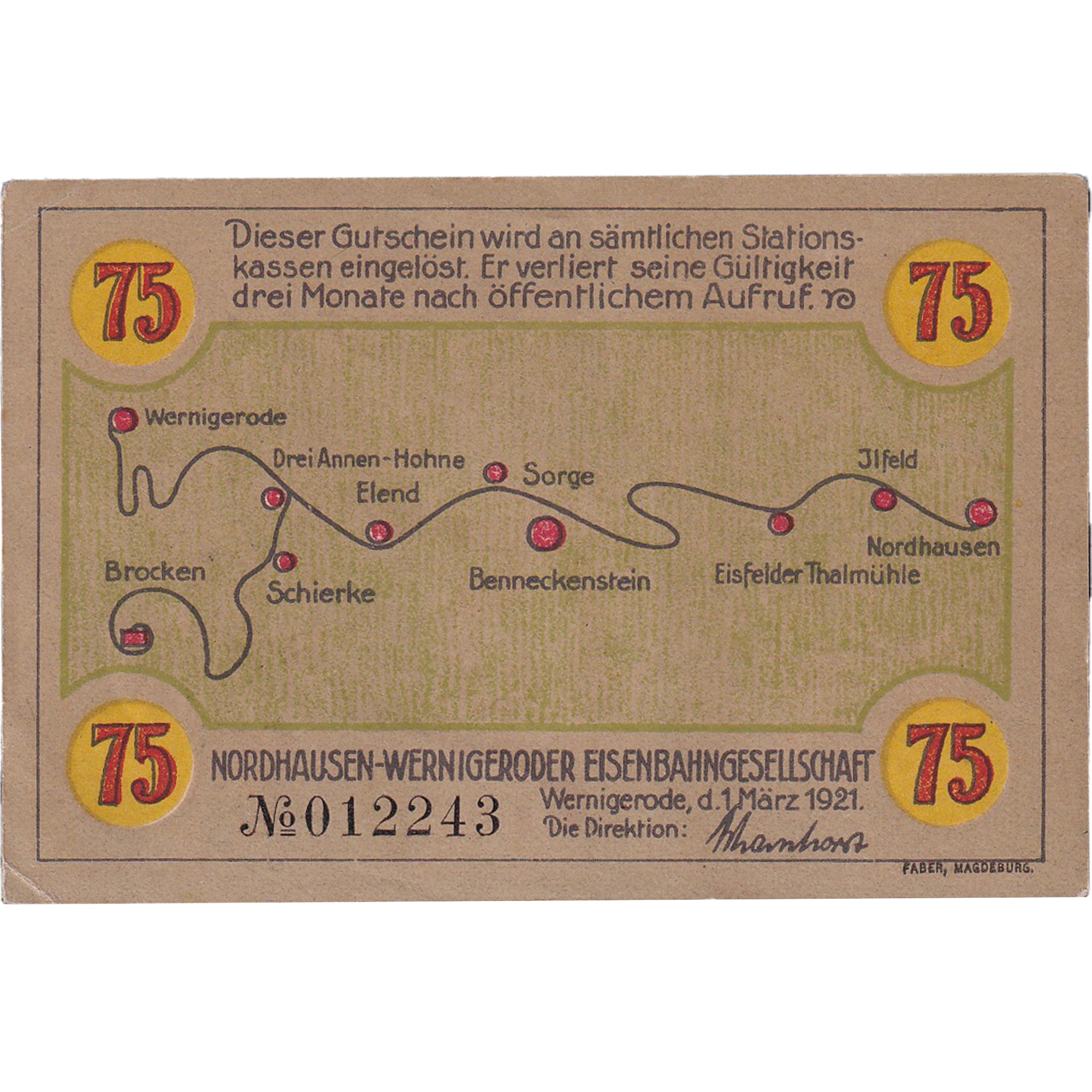 Geldschein, Deutschland, Wernigerode, 75 Pfennig, train 1921 UNZ- Mehl:1406.1