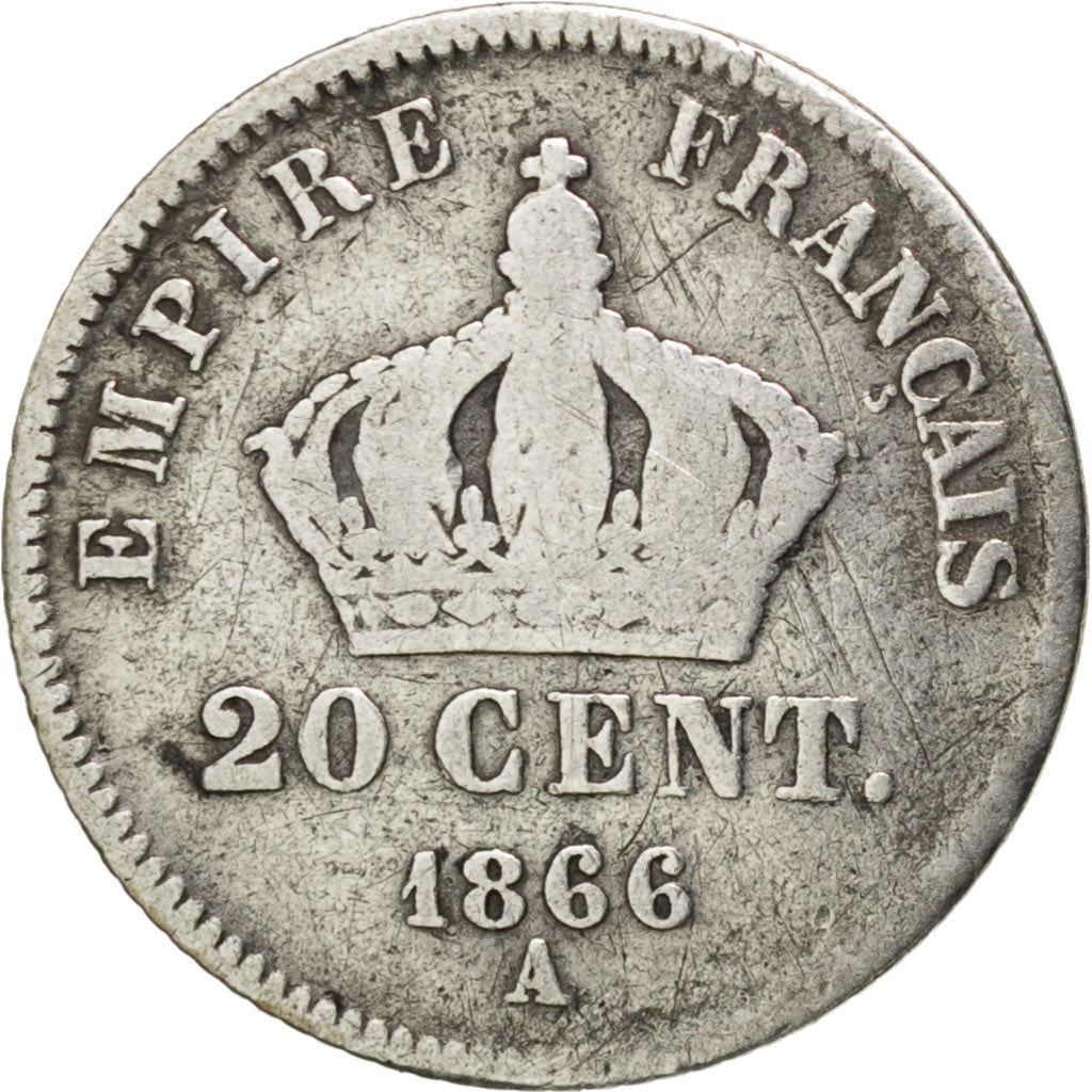 FRANCE, Napoléon III, 20 Centimes, 1866, Paris, KM #805.1, VF(20-25), Silver, G.