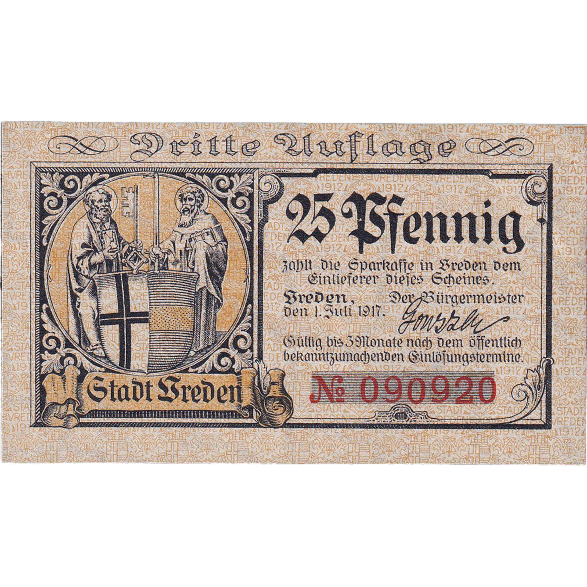 Banknote, Germany, Vreden, 25 Pfennig, Blason, 1917, UNC(63), Mehl:V8.2