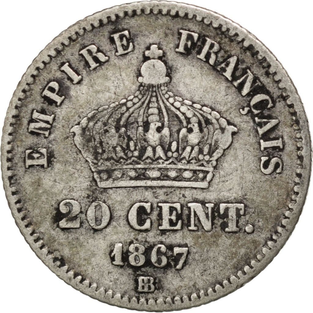 Second Empire, 20 Centimes tête laurée grand module 1867 Strasbourg, KM 808.2