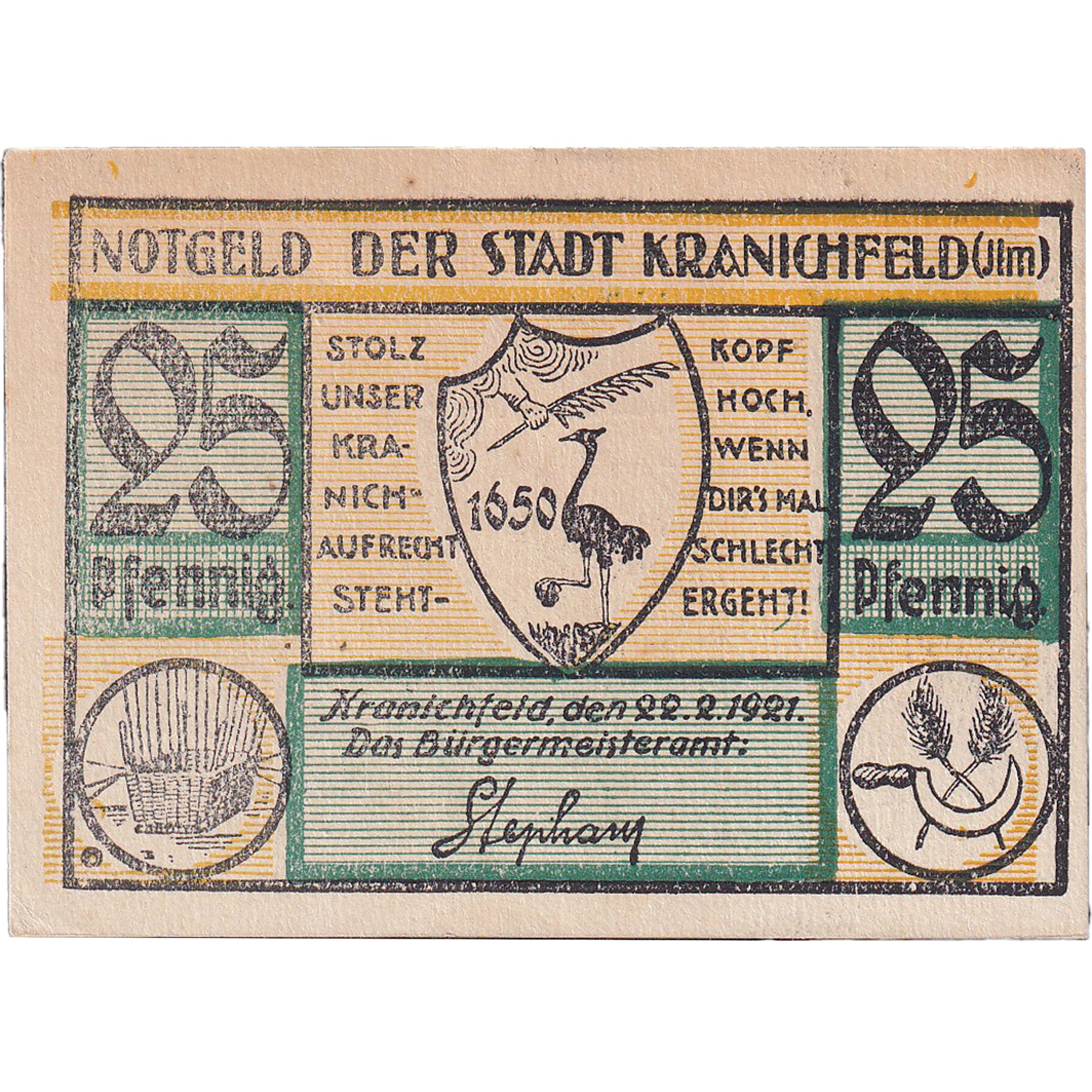 Banconote, Germania, Kranichfeld, 25 Pfennig, village 1921-02-22 SPL Mehl:741.1d