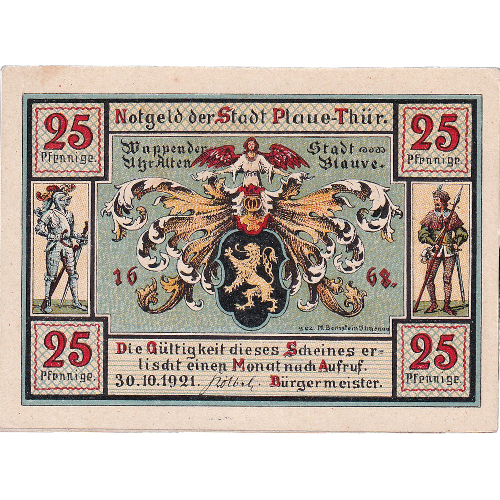 Billet, Allemagne, Plaue Thür., 25 Pfennig, Blason, 1921 SPL Mehl:1062.1