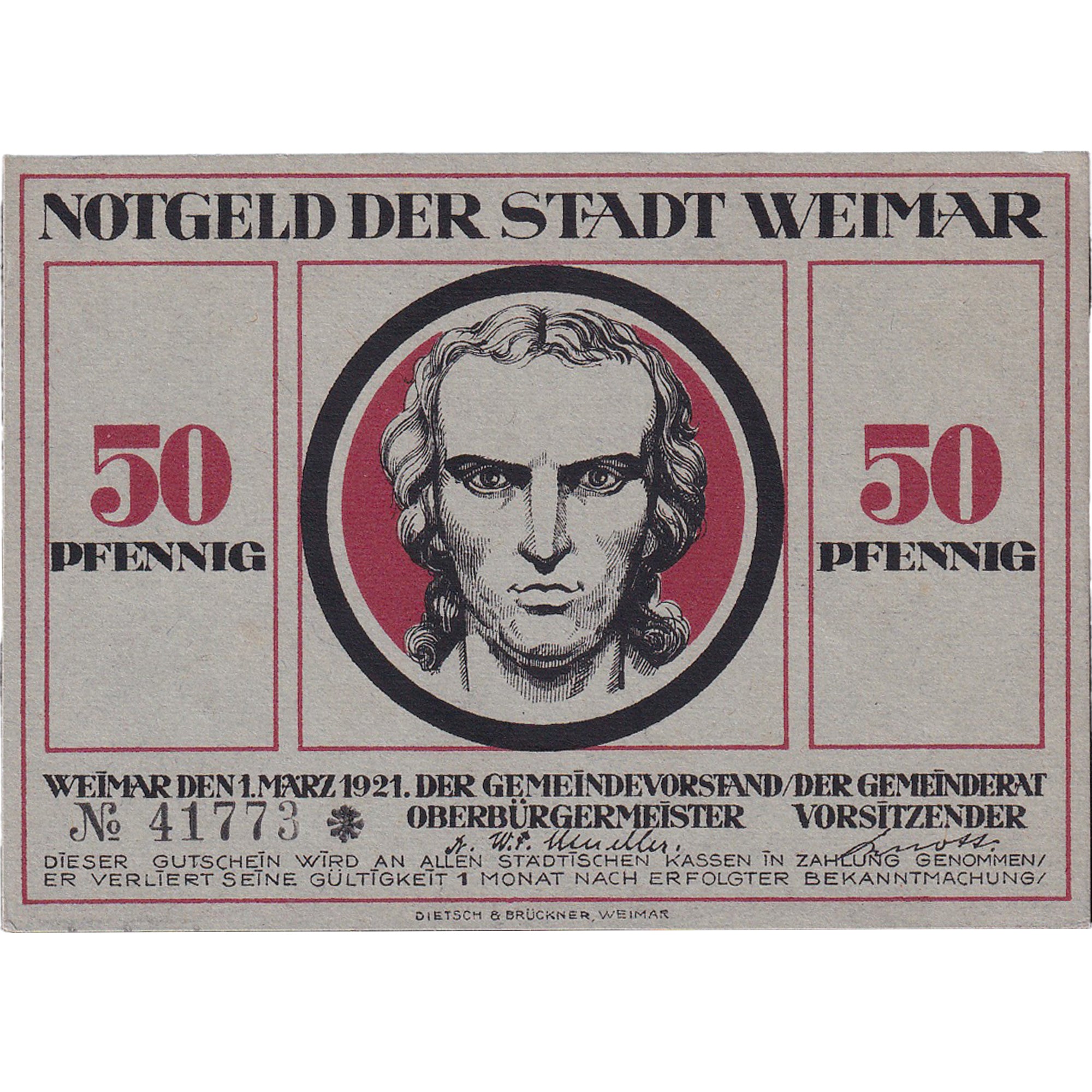 Billet, Allemagne, Weimar, 50 Pfennig, portrait, 1921 SPL Mehl:1398.4a