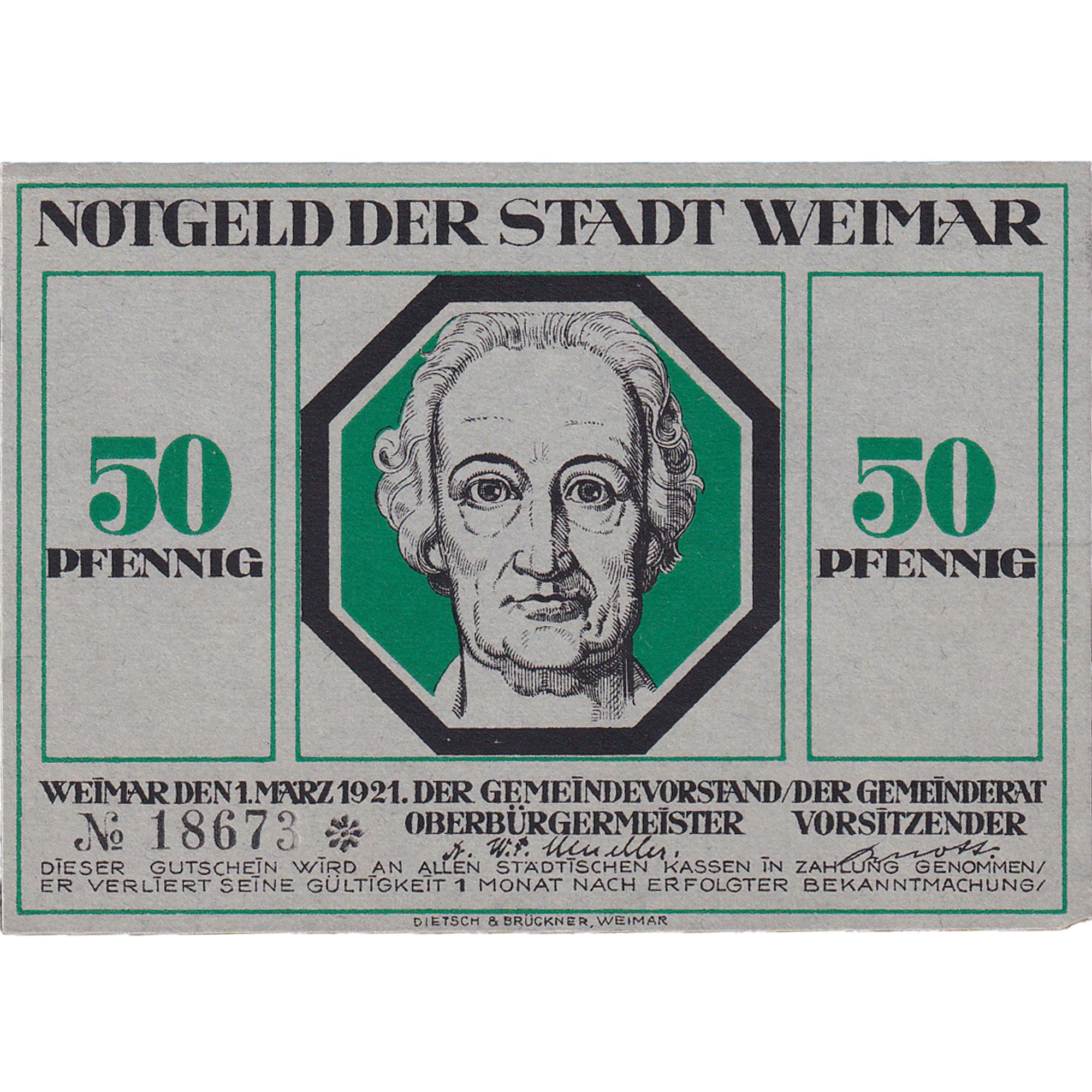 Banknote, Germany, Weimar, 50 Pfennig, portrait 1, 1921 UNC(63) Mehl:1398.4a