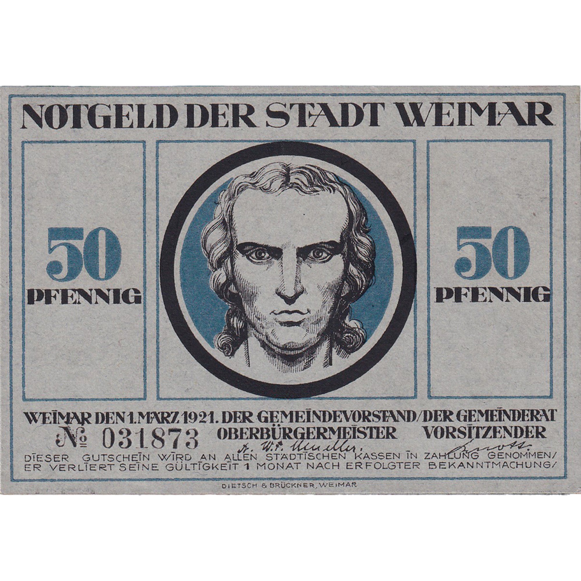 Billet, Allemagne, Weimar, 50 Pfennig, portrait 2, 1921 SPL Mehl:1398.4a