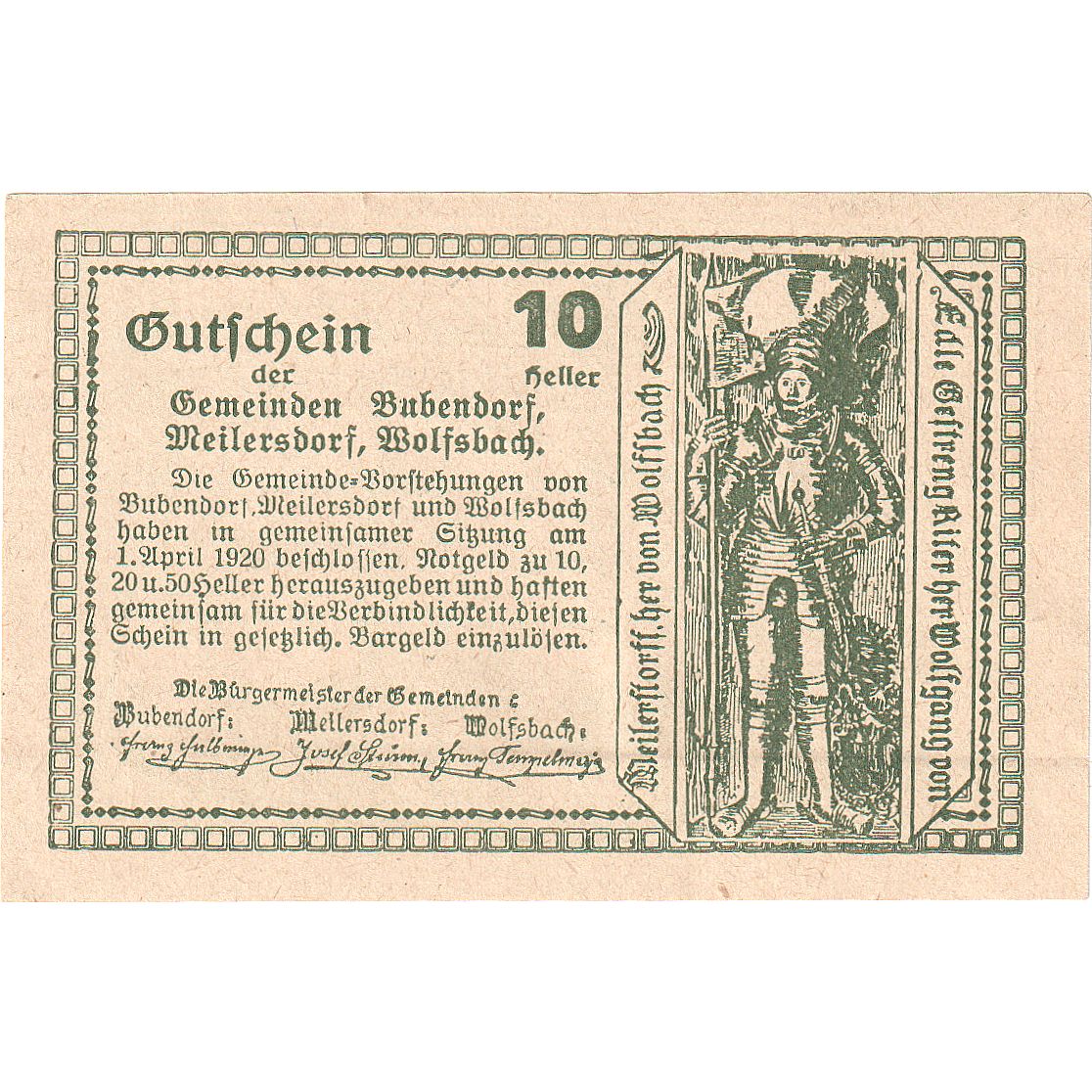 Geldschein, Österreich, Bubendorf, 10 Heller, Eglise, 1920 UNZ- Mehl:FS 112a