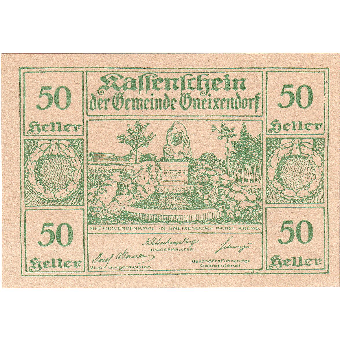 Banconote, Austria, Gneixendorf, 50 Heller, Monument, 1920 SPL Mehl:FS 241Ia3