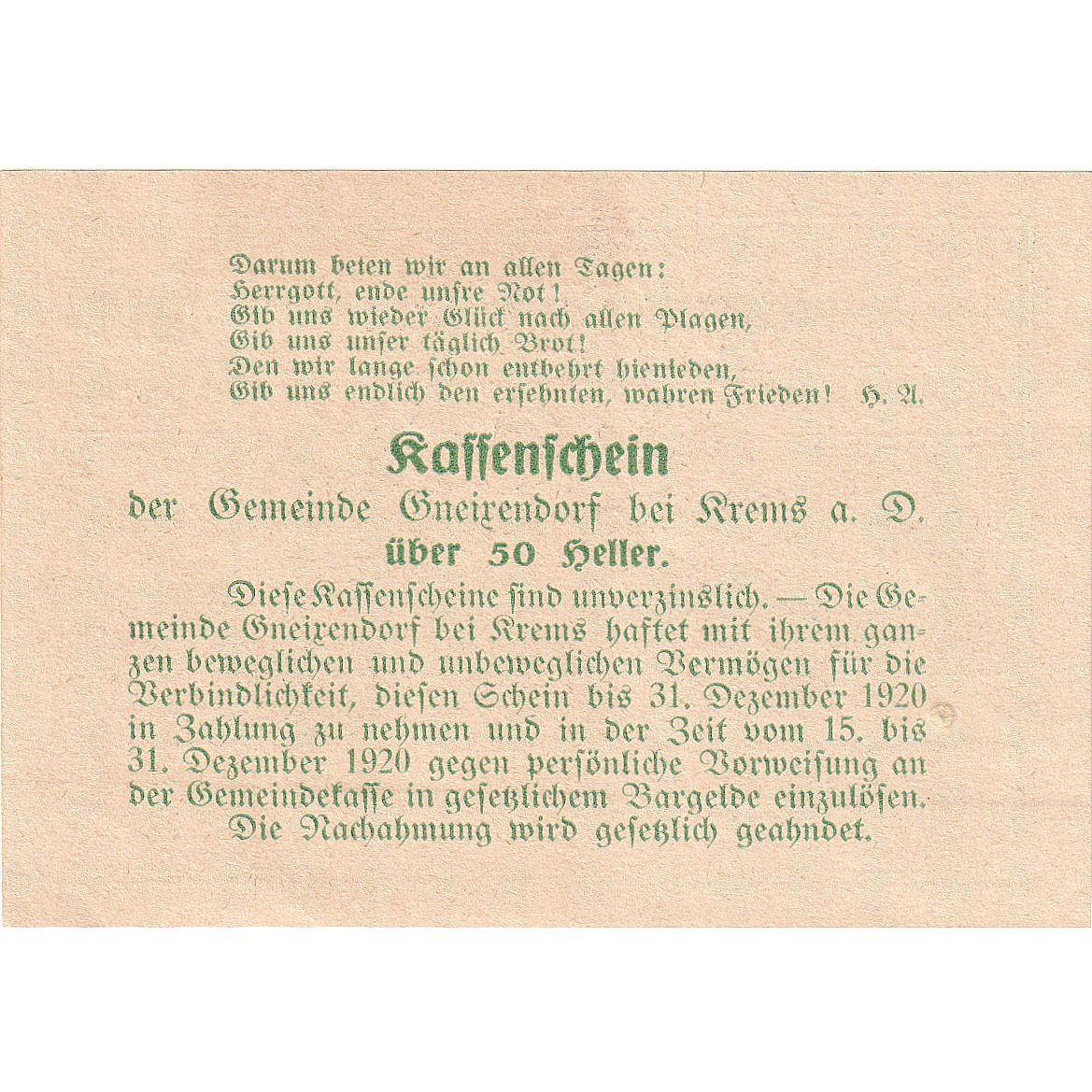 Banconote, Austria, Gneixendorf, 50 Heller, Monument, 1920 SPL Mehl:FS 241Ia3