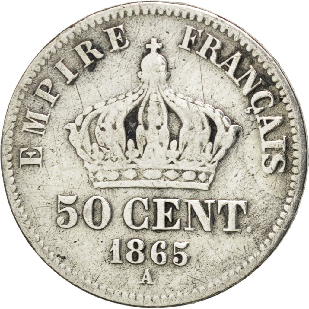 FRANCE, Napoléon III, 50 Centimes, 1865, Paris, KM #814.1, VG(8-10), Silver, 18,