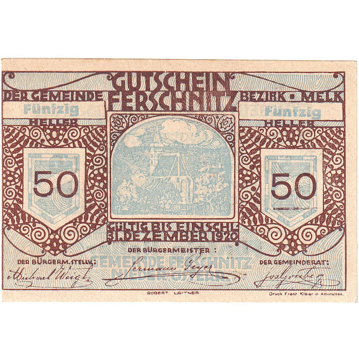 Banconote, Austria, Ferschnitz, 50 Heller, village, 1920 SPL Mehl:FS 198a