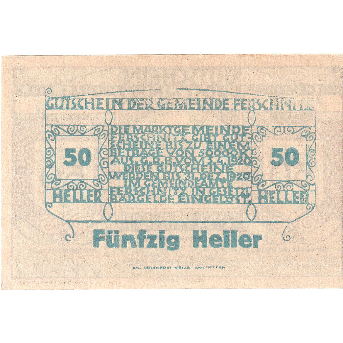 Banconote, Austria, Ferschnitz, 50 Heller, village, 1920 SPL Mehl:FS 198a