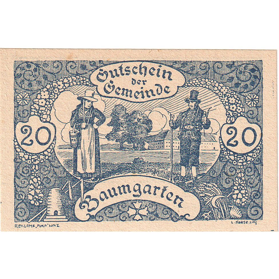 Biljet, Oostenrijk, Baumgarten, 20 Heller, personnage, 1921 SPL Mehl:FS 78a