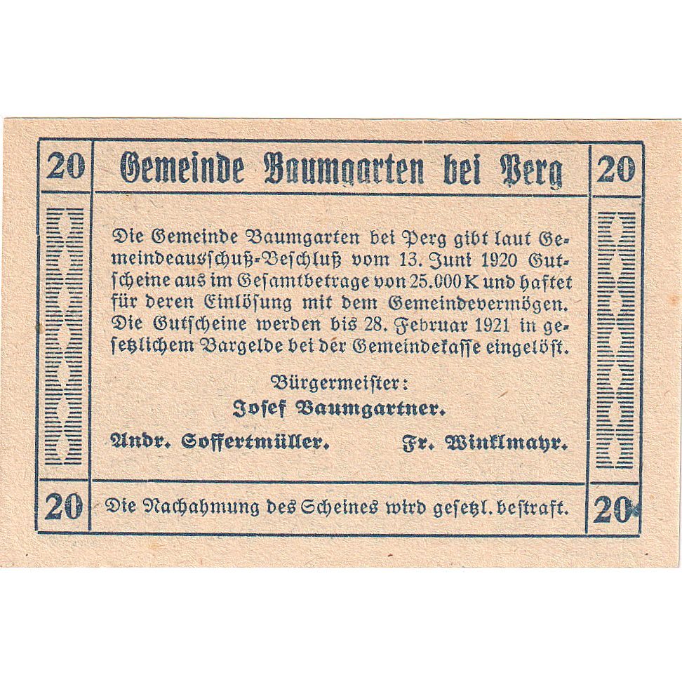 Biljet, Oostenrijk, Baumgarten, 20 Heller, personnage, 1921 SPL Mehl:FS 78a