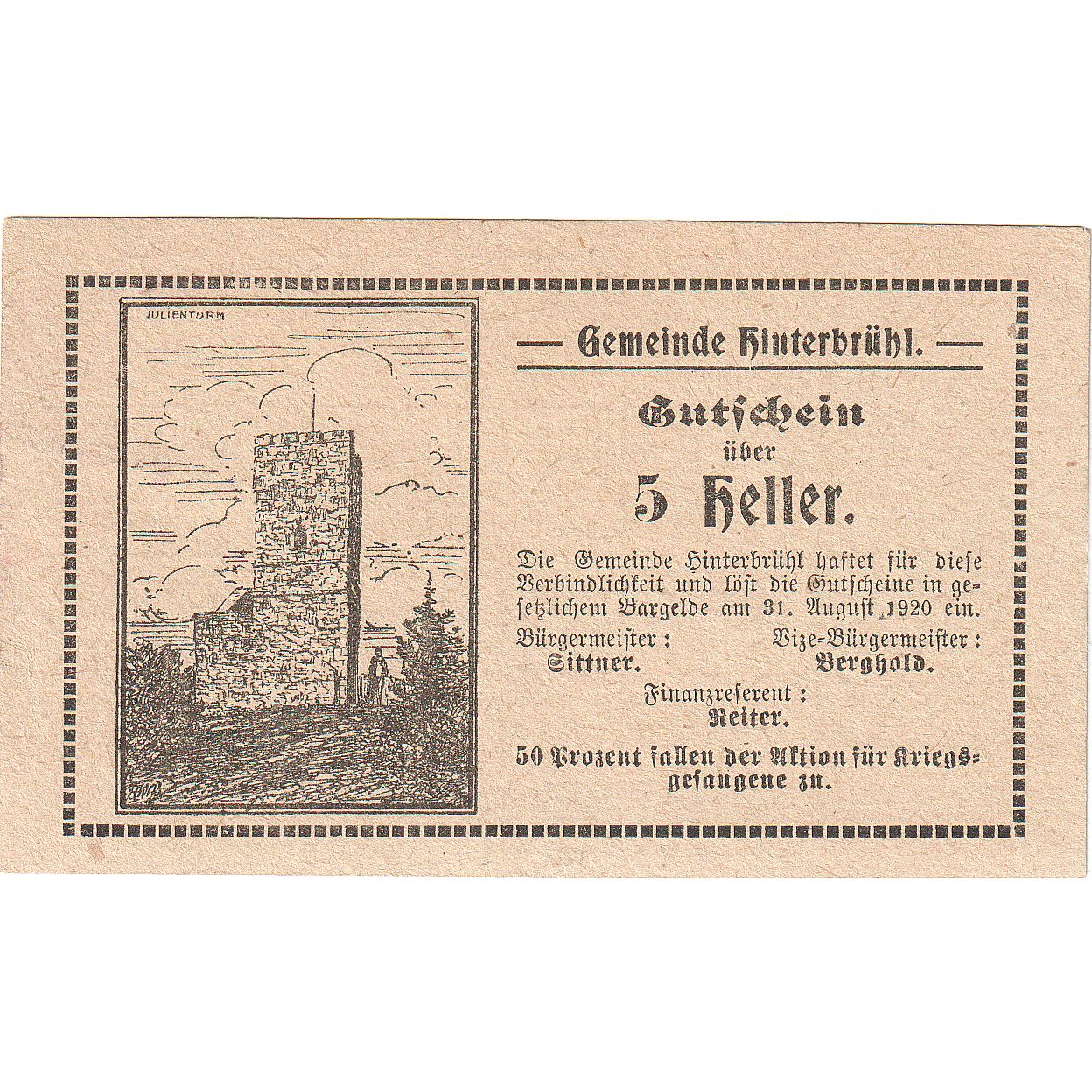 Biljet, Oostenrijk, Hinterbrühl, 5 Heller, tour 1920-08-31, SPL Mehl:FS 376IIIc