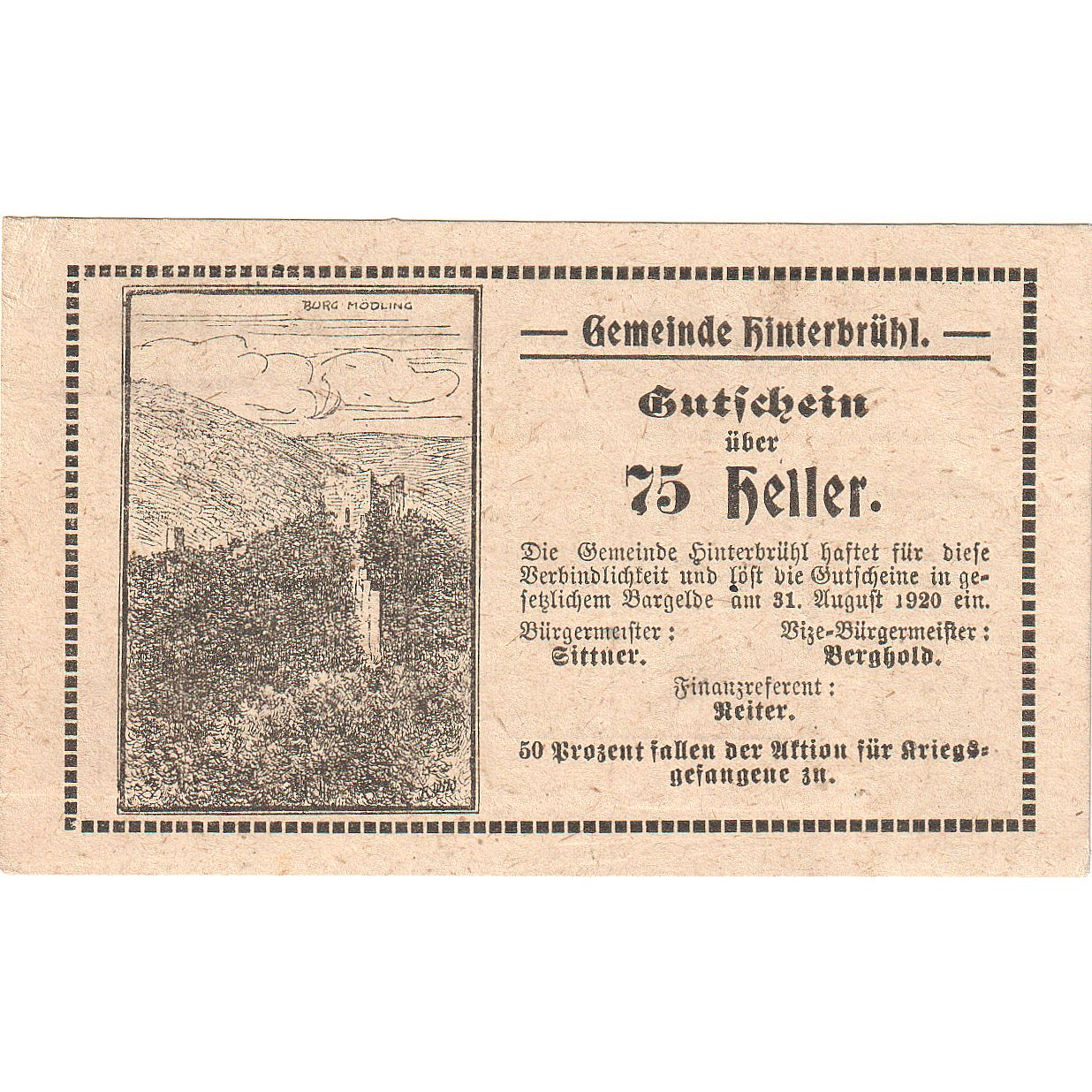 Geldschein, Österreich Hinterbrühl, 75Heller  montagne 1920 UNZ- Mehl:FS 376IIIc