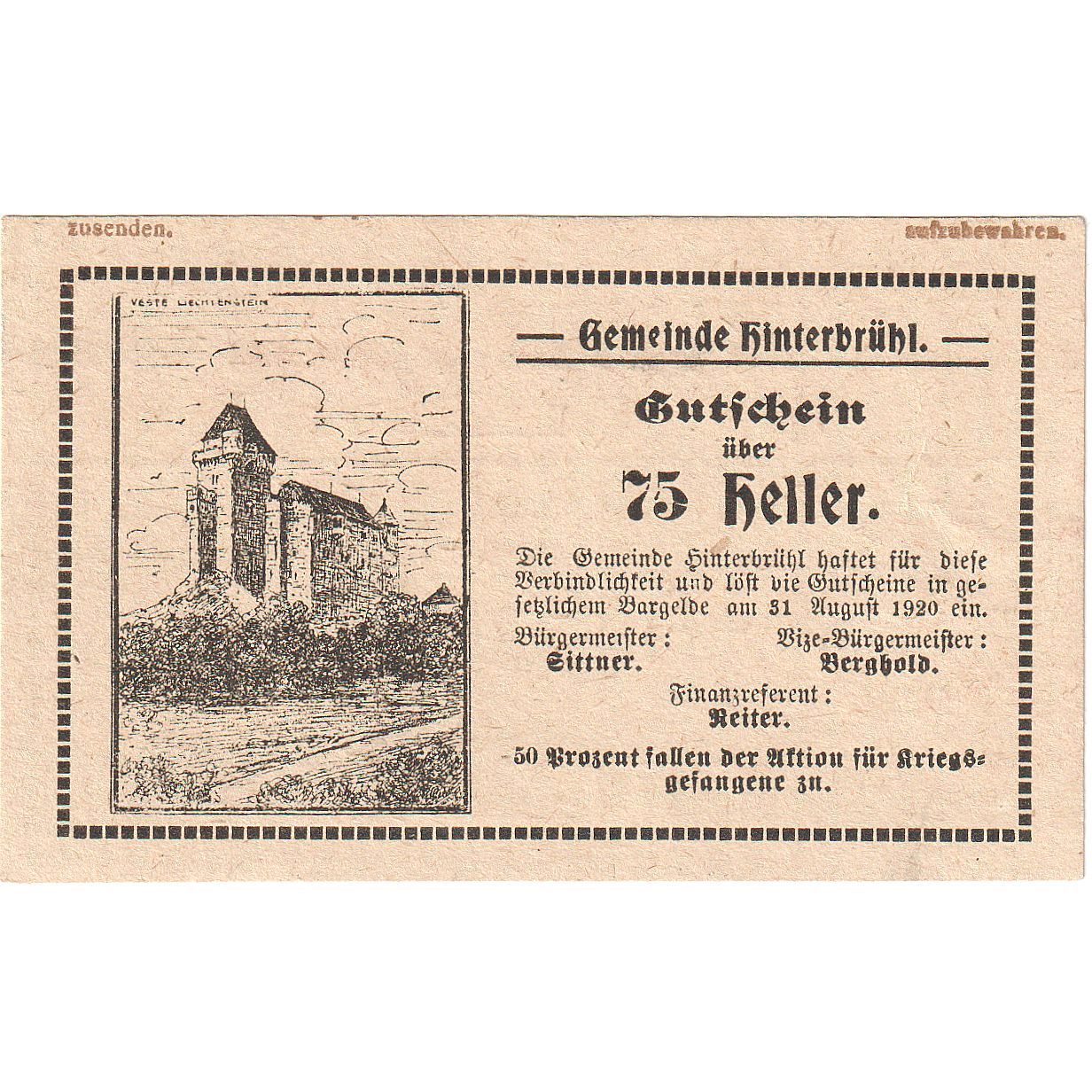 Geldschein, Österreich, Hinterbrühl 75 Heller, château 1920 UNZ- Mehl:FS 376IIIc