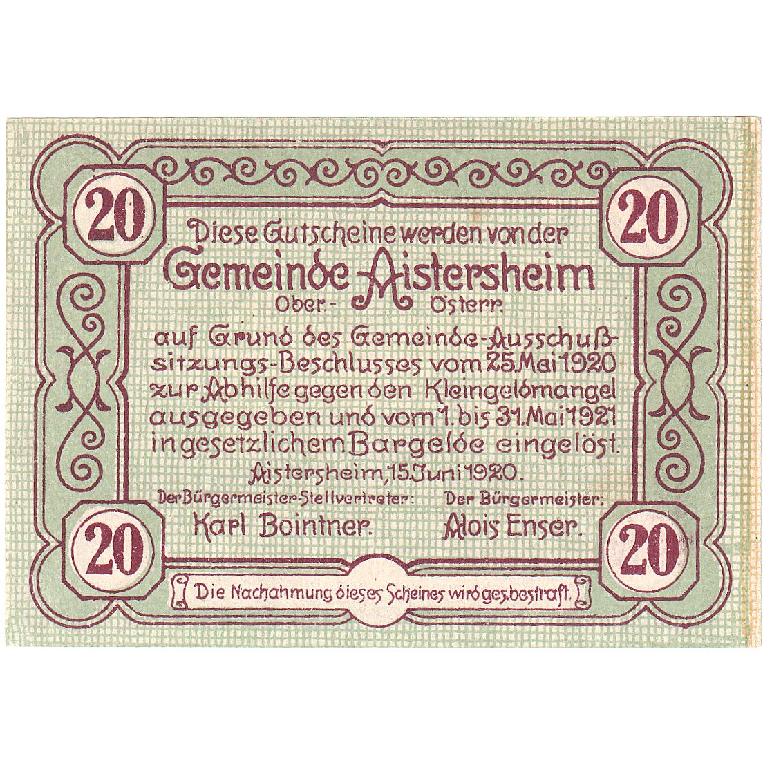 Geldschein, Österreich, Aistersheim, 20 Heller, Eglise, 1921 UNZ- Mehl:FS 15a