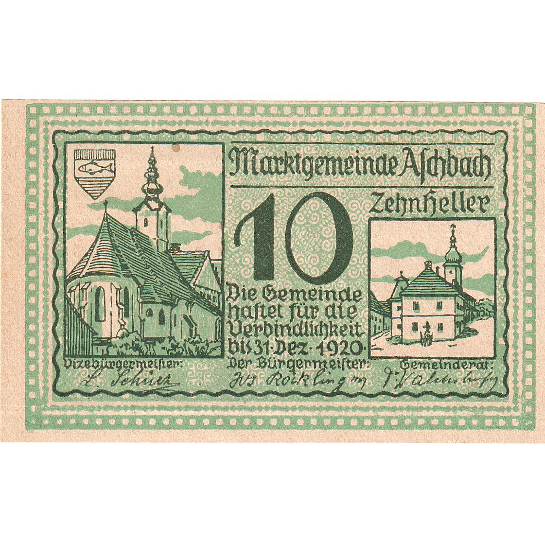 Biljet, Oostenrijk, Aschbach, 10 Heller, Eglise 1920-12-31, SPL, Mehl:FS 55b