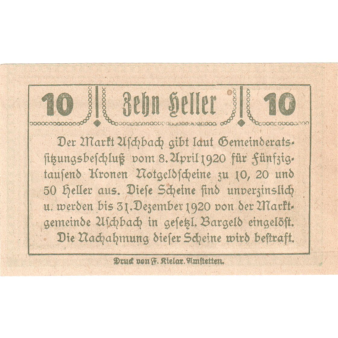 Biljet, Oostenrijk, Aschbach, 10 Heller, Eglise 1920-12-31, SPL, Mehl:FS 55b