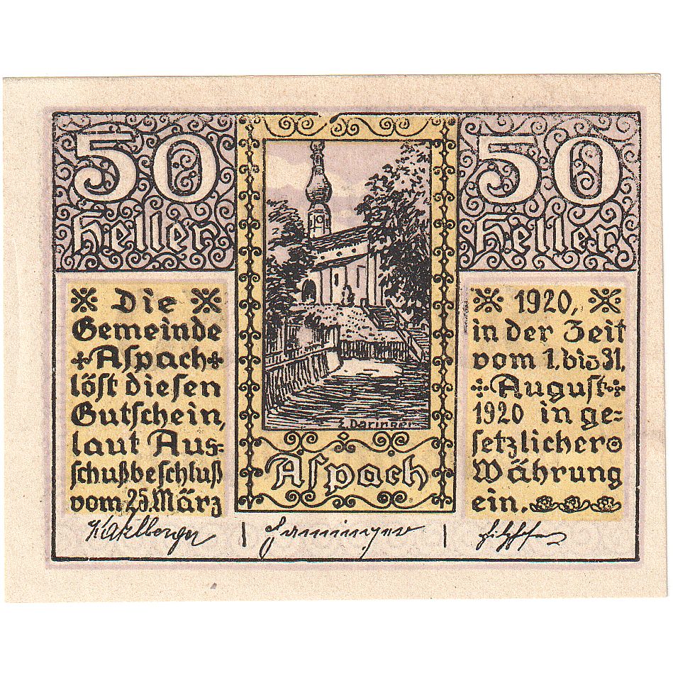 Banconote, Austria, Aspach, 50 Heller, Eglise 1920-08-31, SPL Mehl:FS 57a