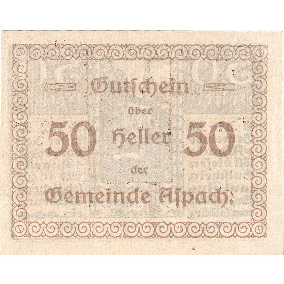 Banconote, Austria, Aspach, 50 Heller, Eglise 1920-08-31, SPL Mehl:FS 57a