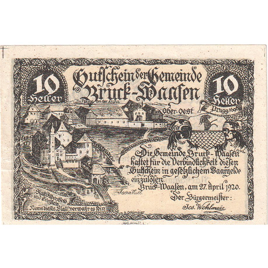 Geldschein, Österreich, Bruck-Waasen, 10 Heller, château, 1921 UNZ- Mehl:FS 108a