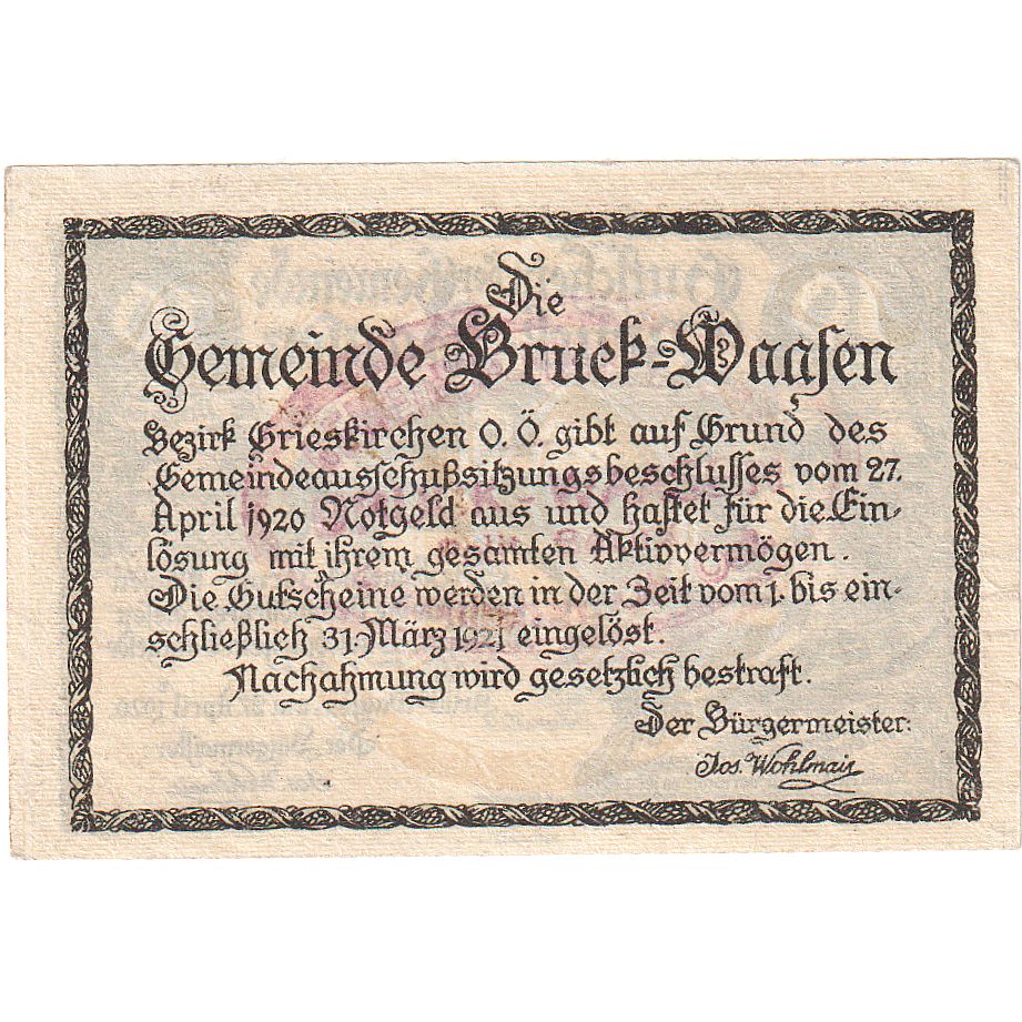 Geldschein, Österreich, Bruck-Waasen, 10 Heller, château, 1921 UNZ- Mehl:FS 108a