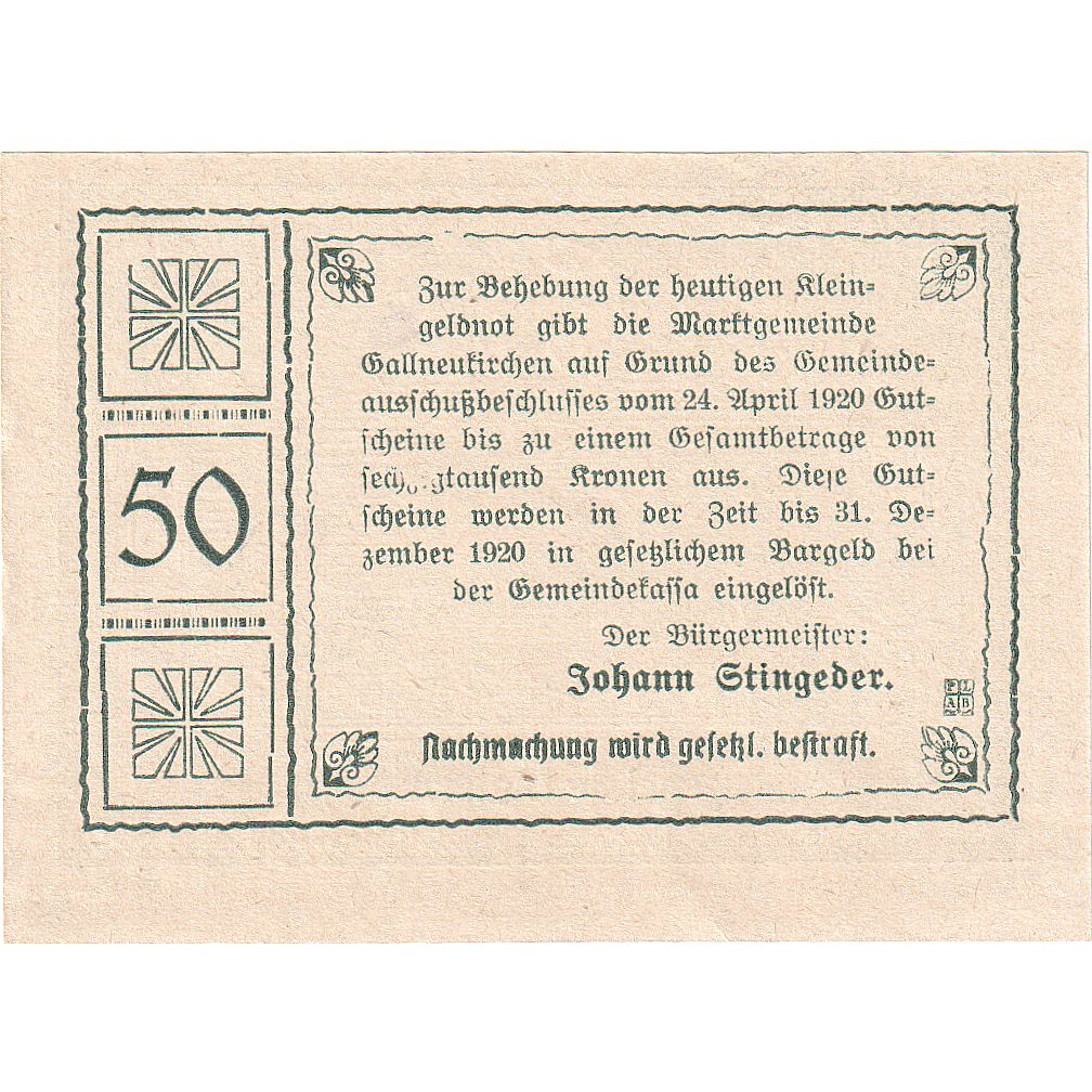 Banconote, Austria, Gallneukirchen, 50 Heller, personnage, 1920 SPL Mehl:FS 218a