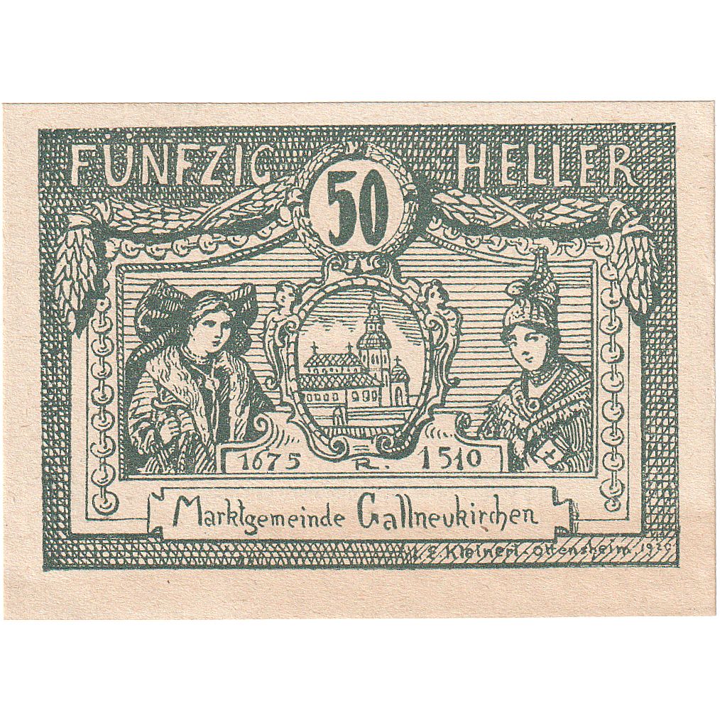 Banconote, Austria, Gallneukirchen, 50 Heller, personnage, 1920 SPL Mehl:FS 218a