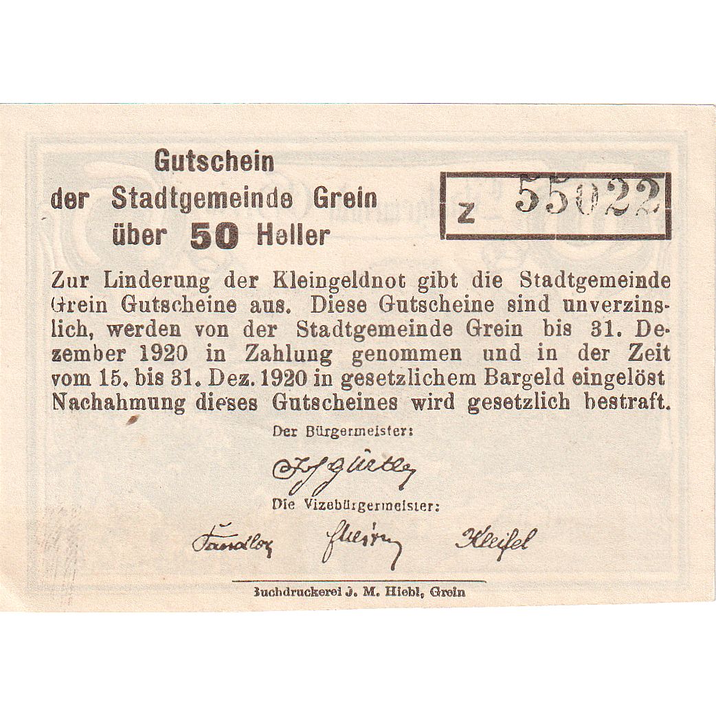 Geldschein, Österreich, Grein, 50 Heller, village 1920-12-31, UNZ- Mehl:FS 276Ib
