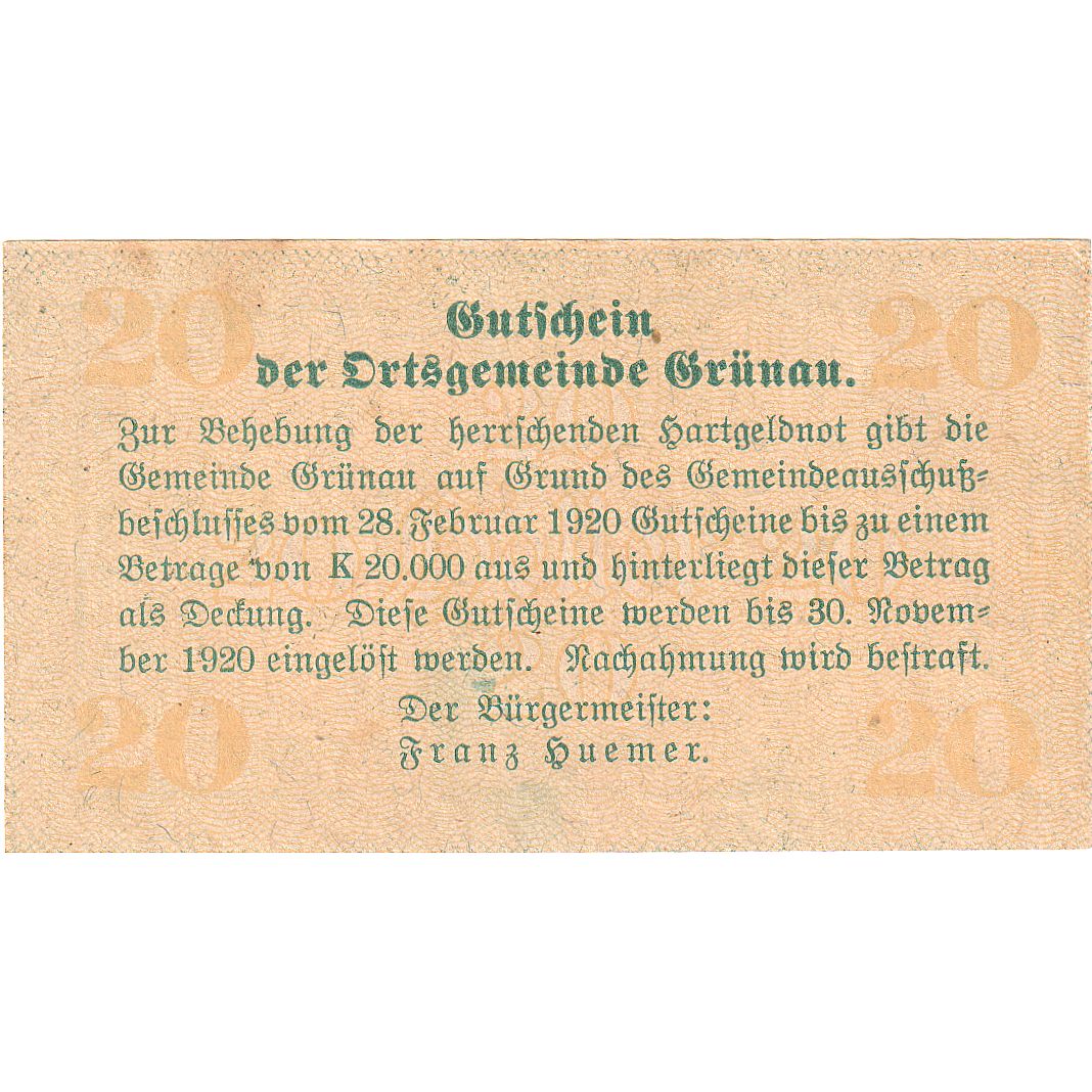 Billete, Austria, Grünau, 20 Heller, village 1920-11-30, SC, Mehl:FS 300b