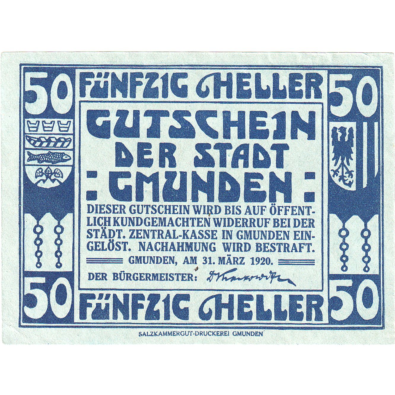 Geldschein, Österreich, Gmunden, 50 Heller, Eglise, 1920, UNZ- Mehl:FS 240IIb