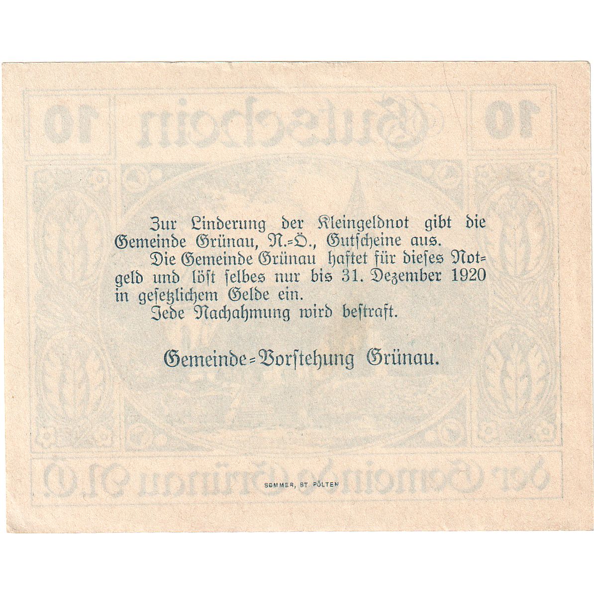 Geldschein, Österreich, Grünau, 10 Heller, Eglise 1920-12-31, UNZ- Mehl:FS 299