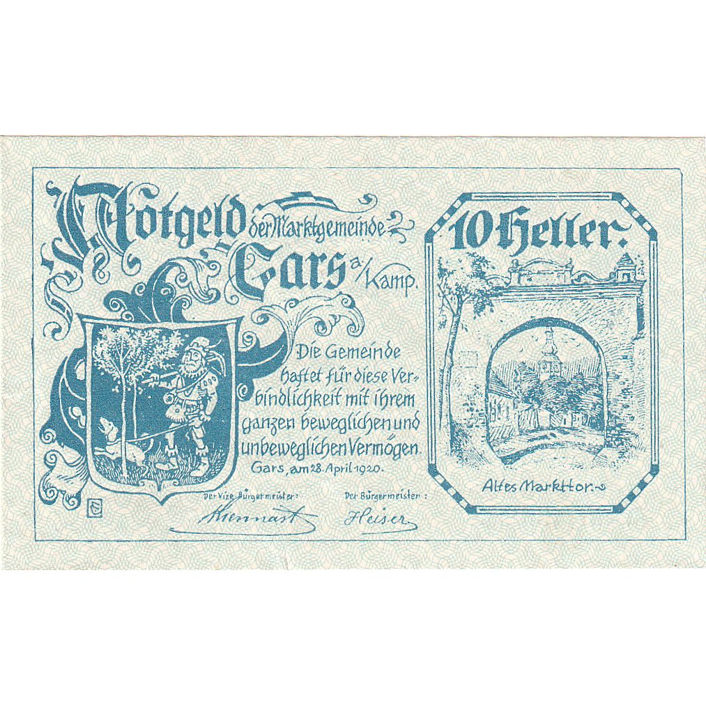 Geldschein, Österreich, Gars am Kamp, 10 Heller, Blason, 1920 UNZ- Mehl:FS 222c