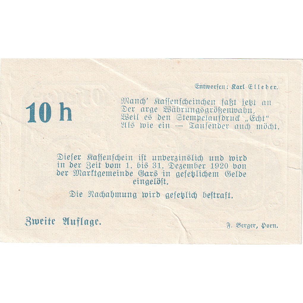 Geldschein, Österreich, Gars am Kamp, 10 Heller, Blason, 1920 UNZ- Mehl:FS 222c