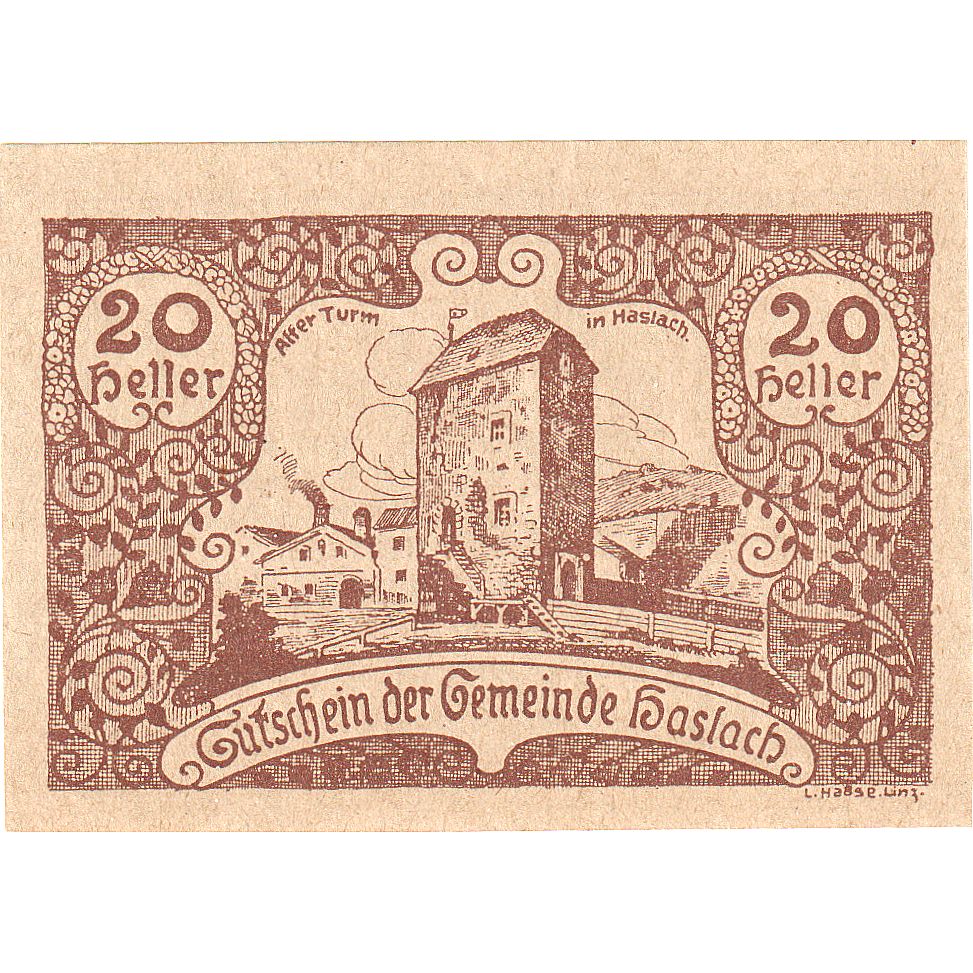 Geldschein, Österreich, Haslach, 20 Heller, Eglise, 1920 UNZ- Mehl:FS 355