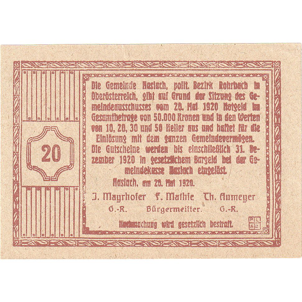Geldschein, Österreich, Haslach, 20 Heller, Eglise, 1920 UNZ- Mehl:FS 355