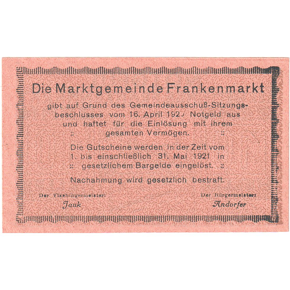 Geldschein, Österreich, Frankenmarkt, 10 Heller, rue, 1921 UNZ- Mehl:FS 209d