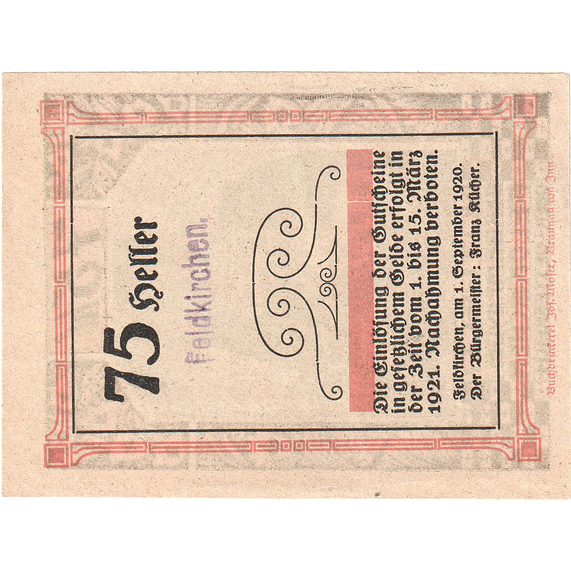 Biljet, Oostenrijk, Feldkirchen, 75 Heller, Eglise 1921-03-15, SPL Mehl:FS 196a