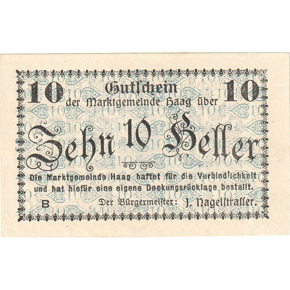 Billet, Autriche, Haag, 10 Heller, Texte, 1920, 1920-12-31, SPL, Mehl:FS 318