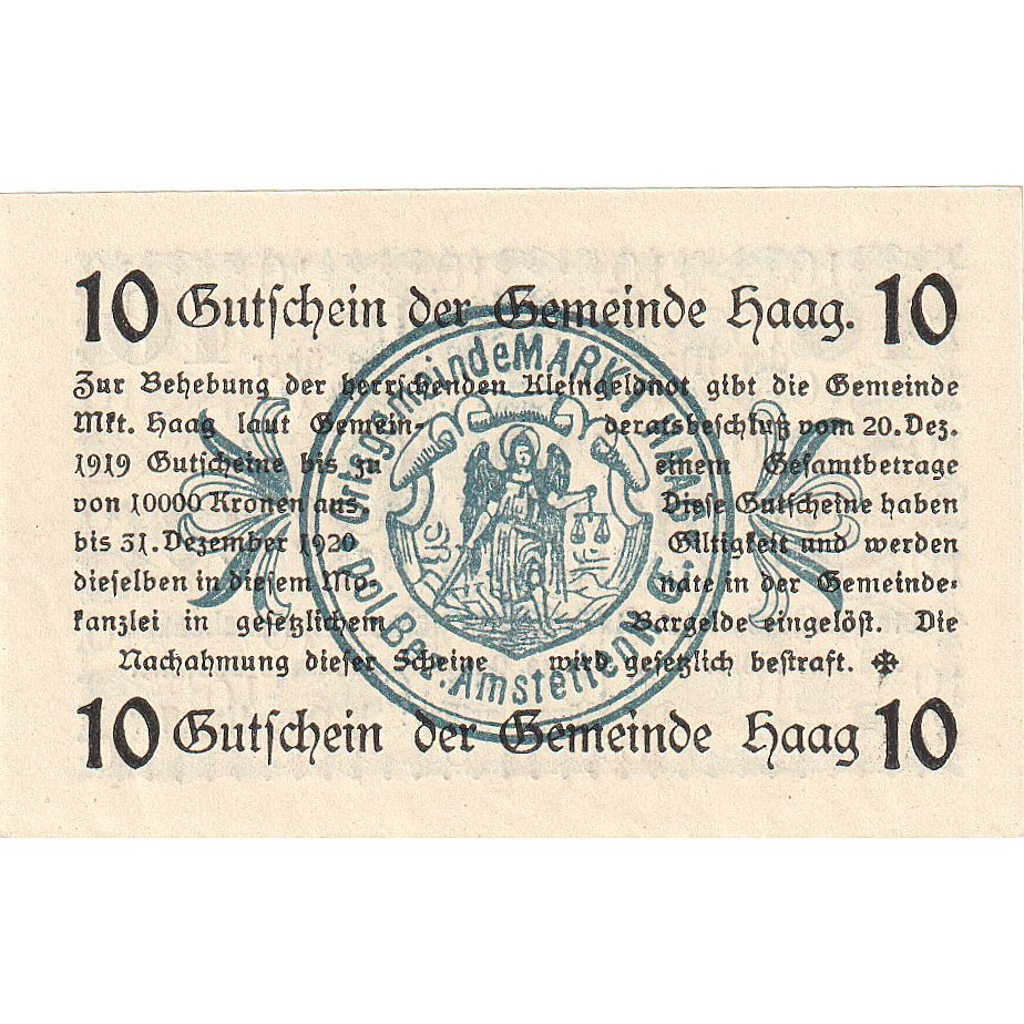 Billet, Autriche, Haag, 10 Heller, Texte, 1920, 1920-12-31, SPL, Mehl:FS 318