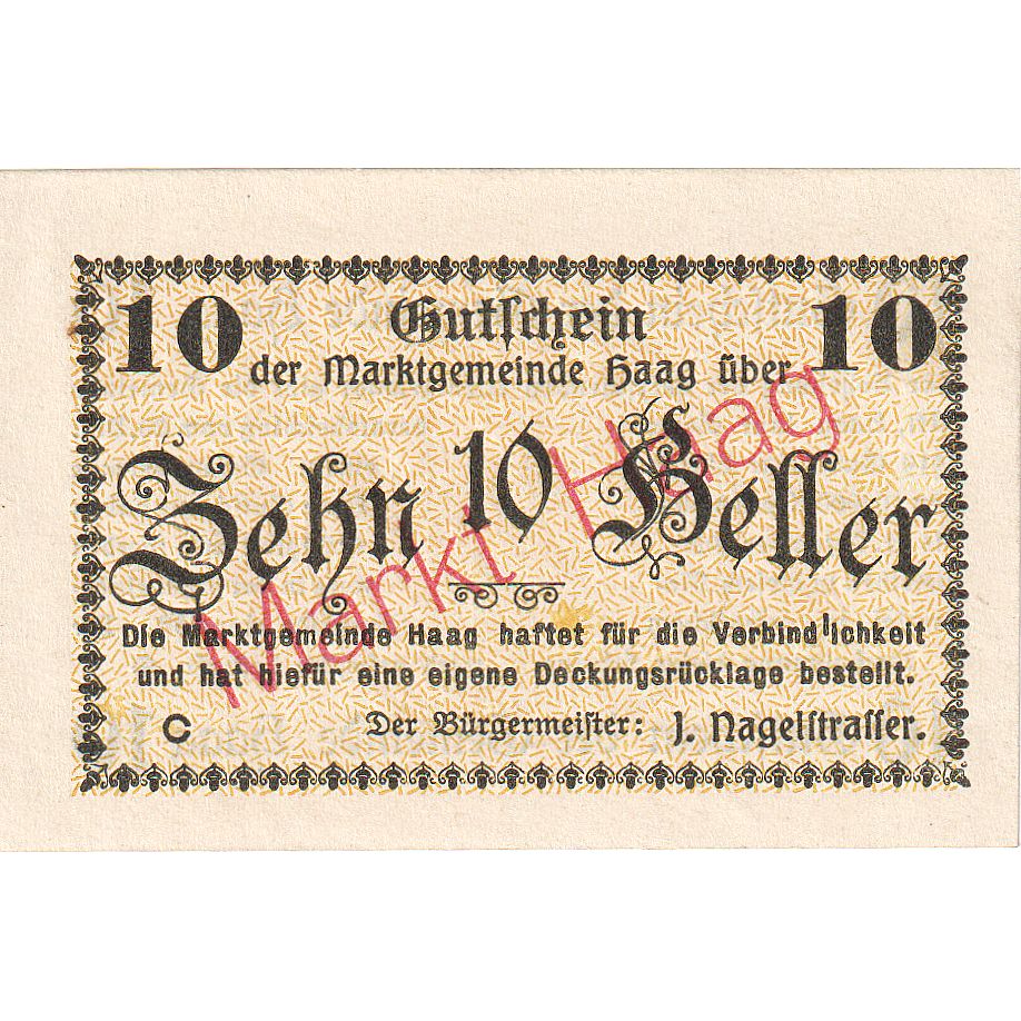 Billet, Autriche, Haag, 10 Heller, texte 1, 1920, 1920-12-31, SPL, Mehl:FS 318