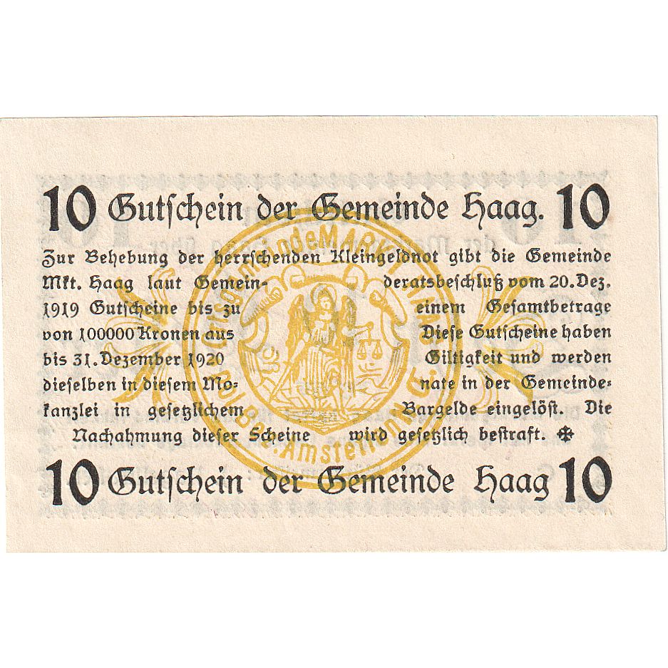 Billet, Autriche, Haag, 10 Heller, texte 1, 1920, 1920-12-31, SPL, Mehl:FS 318