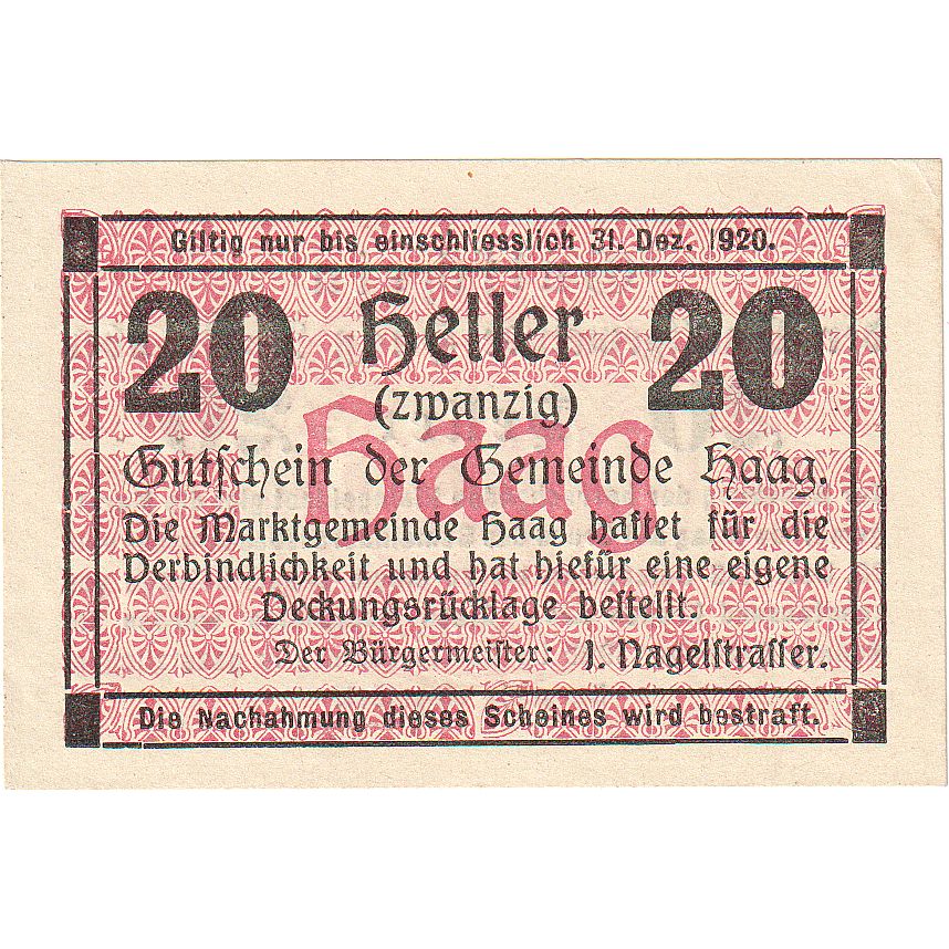Geldschein, Österreich, Haag, 20 Heller, Texte 1920-12-31, UNZ-, Mehl:FS 318